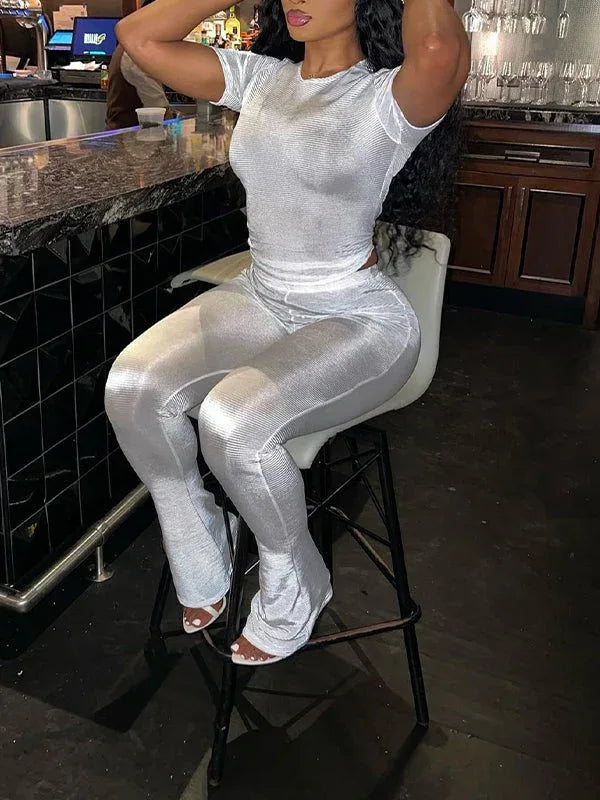 Women's Shimmer Metallic Crop Top & High-Waist Pants Set