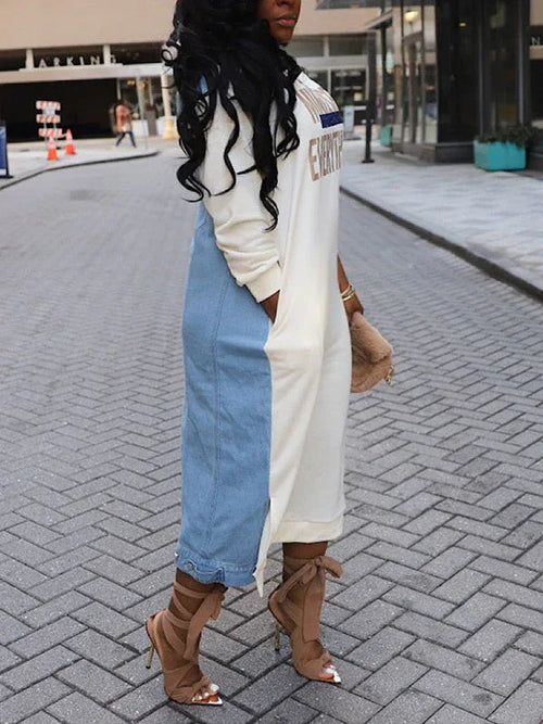 Women's Denim Combo Sweatshirt Dress