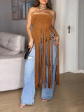 Women's Boho Fringe Strapless Flowy Long Tunic Top