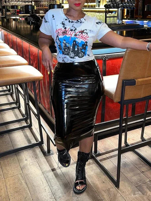 Women's Faux-Leather High-Waist Bodycon Pencil Midi Skirt