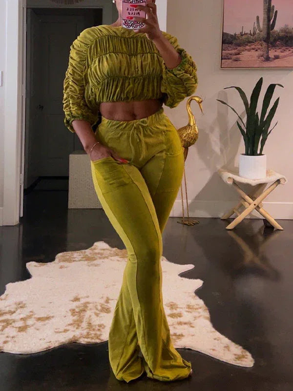 Women's Ruched Boat-Neck Crop Top & High-Waist Pants Set