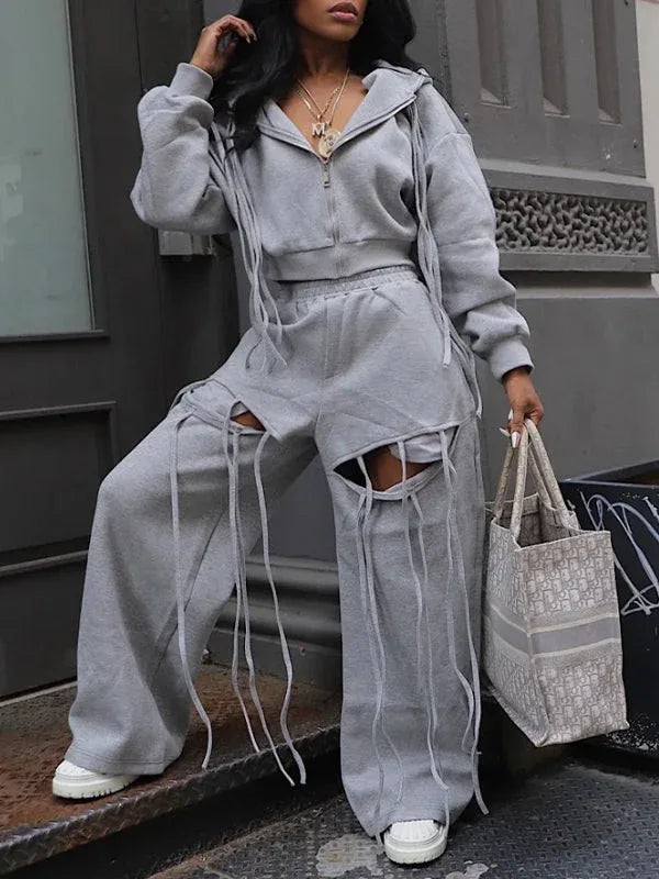 Women's Boho Fringe Zip-Front Hoodie & Wide-Leg Pants Set