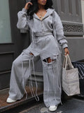 Women's Boho Fringe Zip-Front Hoodie & Wide-Leg Pants Set