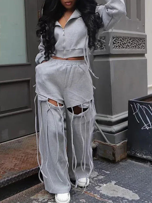 Women's Boho Fringe Zip-Front Hoodie & Wide-Leg Pants Set