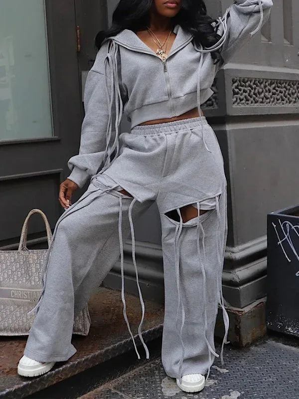Women's Boho Fringe Zip-Front Hoodie & Wide-Leg Pants Set