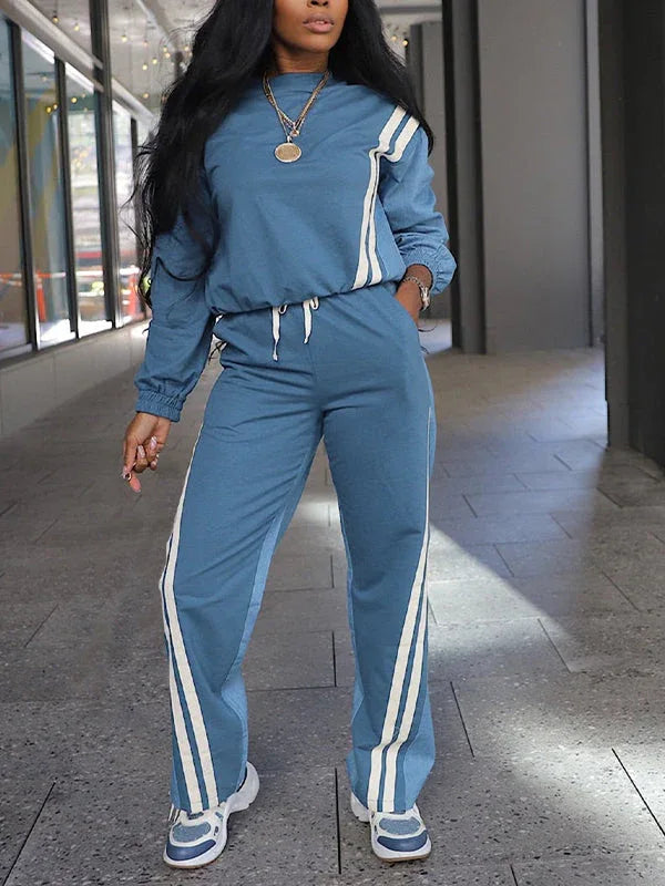 Women's Striped Patchwork Sweatshirt & Wide-Leg Pants Set