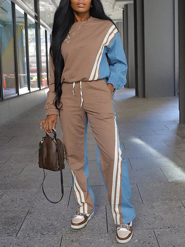 Women's Striped Patchwork Sweatshirt & Wide-Leg Pants Set