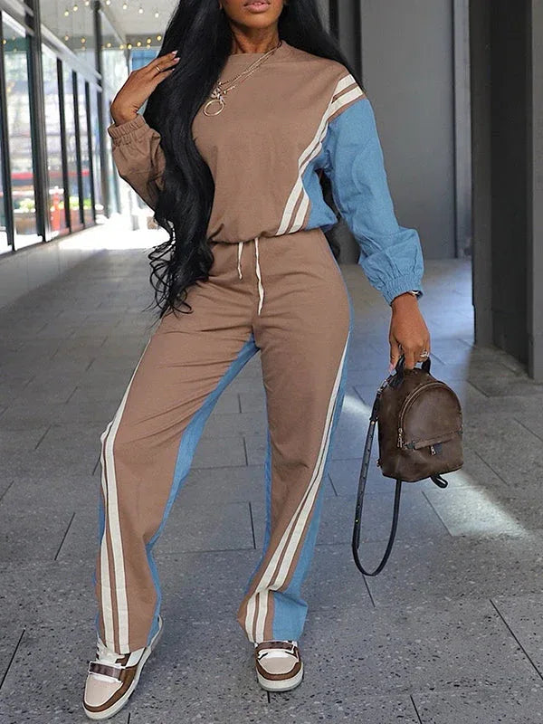 Women's Striped Patchwork Sweatshirt & Wide-Leg Pants Set