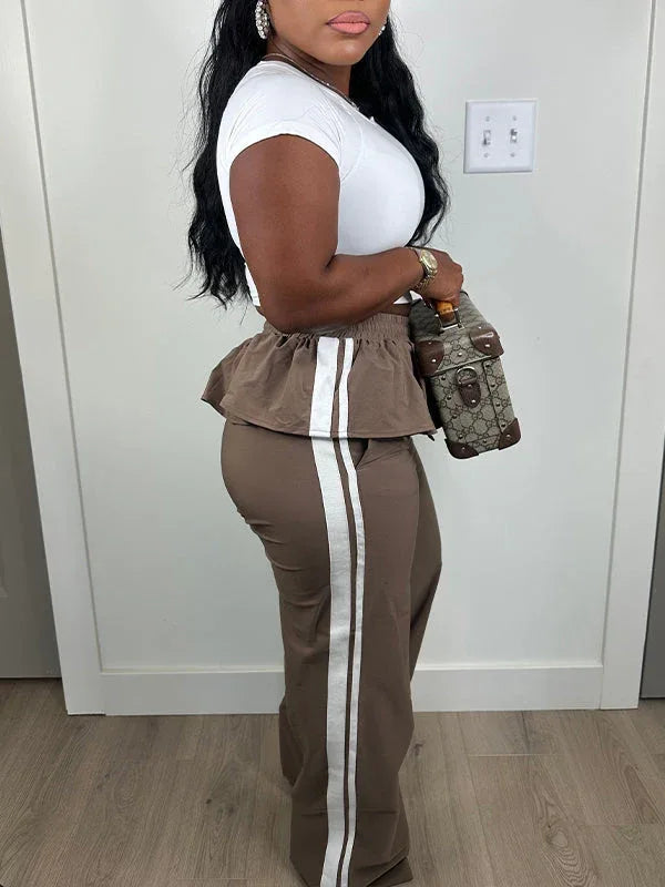 Women's Side-Stripe Peplum Flared High-Waist Pants