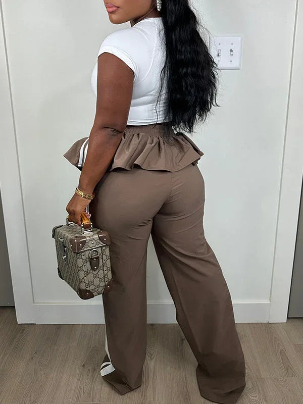 Women's Side-Stripe Peplum Flared High-Waist Pants