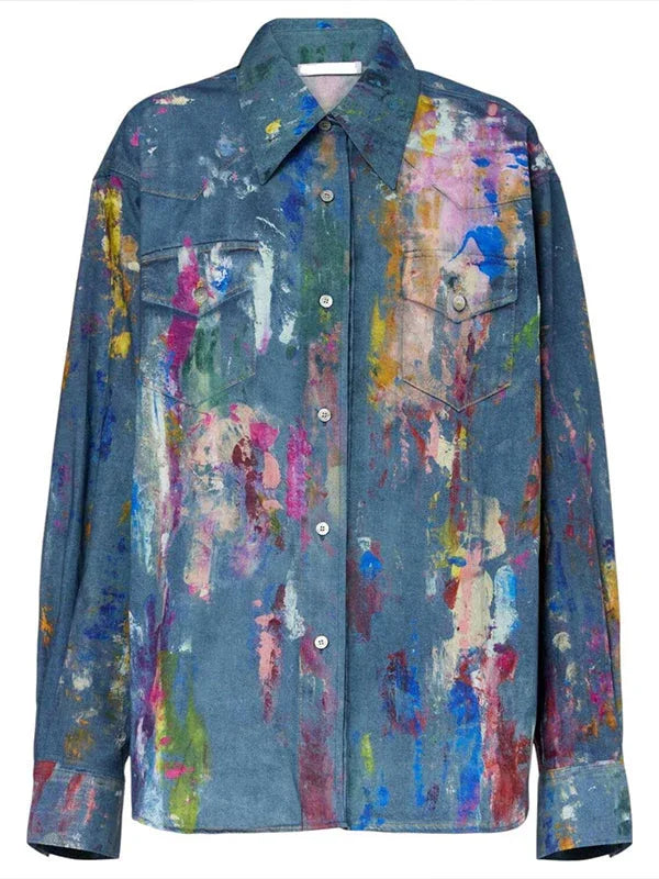 Women's Printed Washed Denim Button-Down Casual Shirt