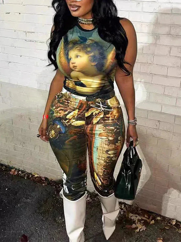 Women's Printed Sleeveless Tank Top & Wide-Leg Pants Set