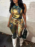 Women's Printed Sleeveless Tank Top & Wide-Leg Pants Set