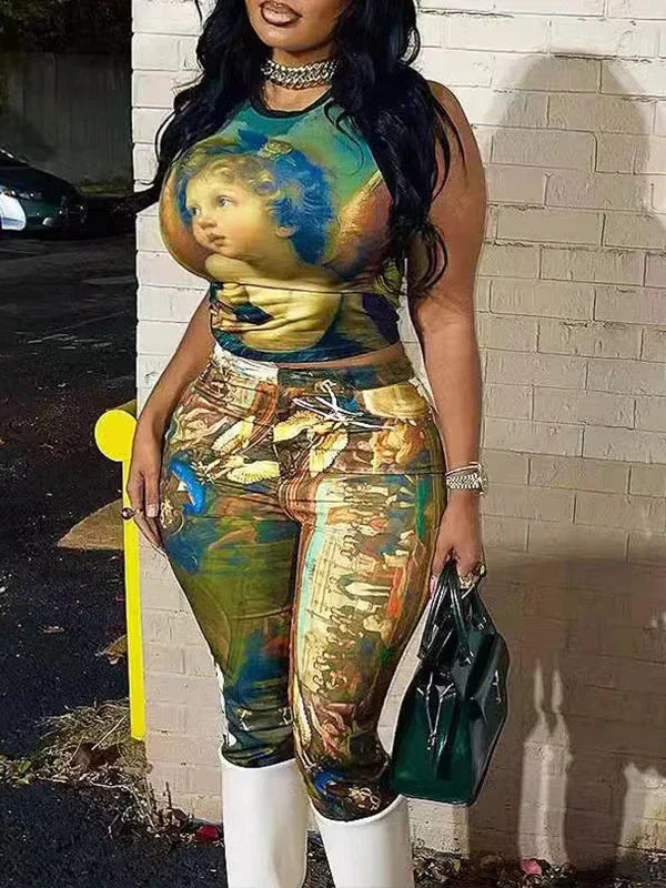 Women's Printed Sleeveless Tank Top & Wide-Leg Pants Set