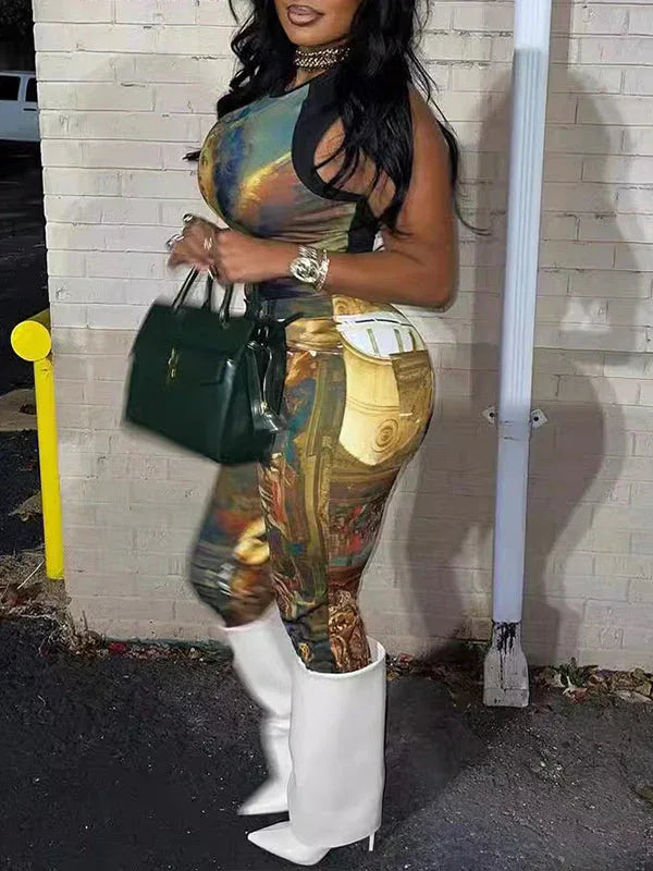 Women's Printed Sleeveless Tank Top & Wide-Leg Pants Set