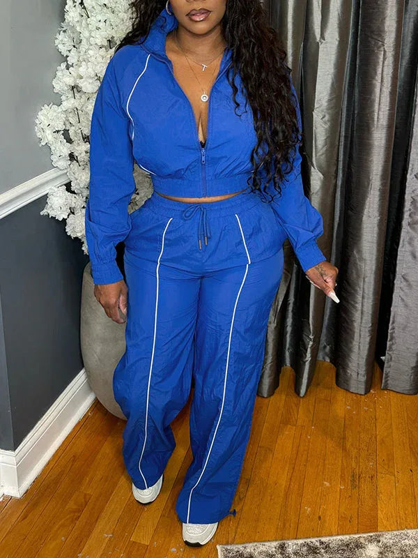 Women's Striped Zip-Front Track Jacket & Straight Pants Set