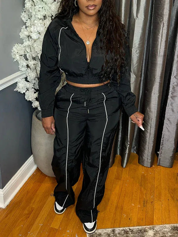 Women's Striped Zip-Front Track Jacket & Straight Pants Set