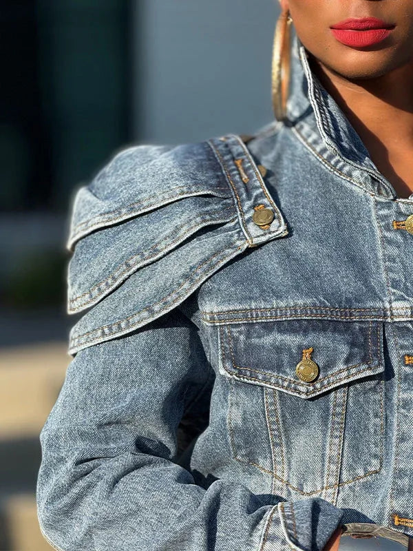Button-Front Classic Washed Denim Jean Jacket