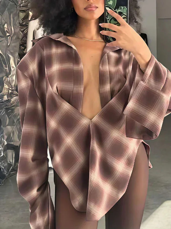 Women's Plaid Asymmetric Hem Button-Down Casual Shirt