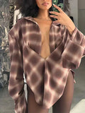 Women's Plaid Asymmetric Hem Button-Down Casual Shirt