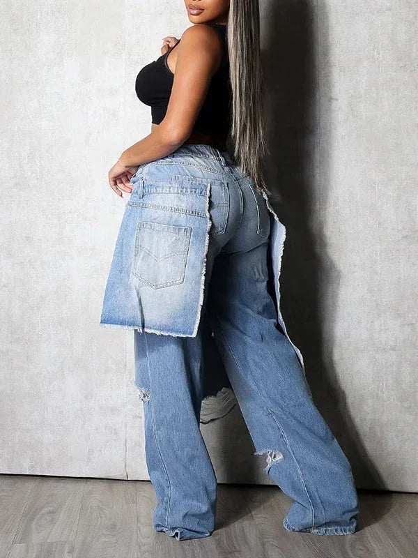 Women's Double-Waist Ripped Distressed Straight-Leg Jeans