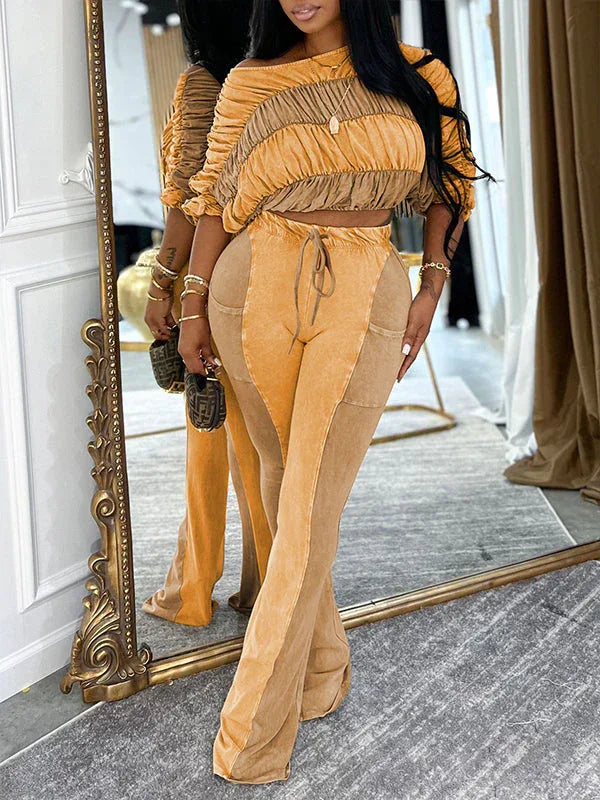 Women's Ruched Boat-Neck Crop Top & High-Waist Pants Set