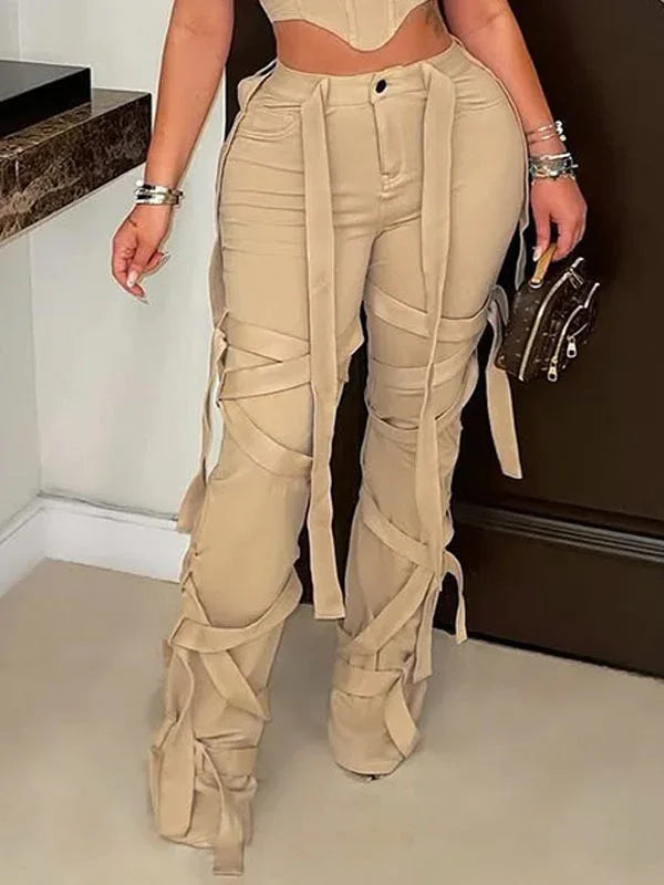 Women's Solid Boho Fringe-Hem Wide-Leg Pants