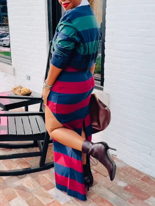 Women's Striped Polo Top & High-Waist Side-Slit Midi Skirt Set