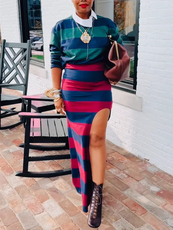 Women's Striped Polo Top & High-Waist Side-Slit Midi Skirt Set