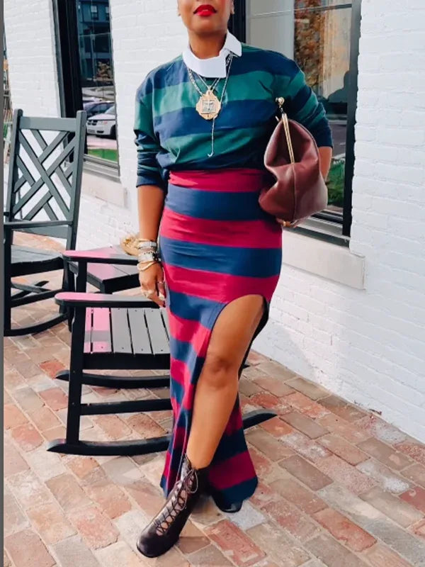 Women's Striped Polo Top & High-Waist Side-Slit Midi Skirt Set