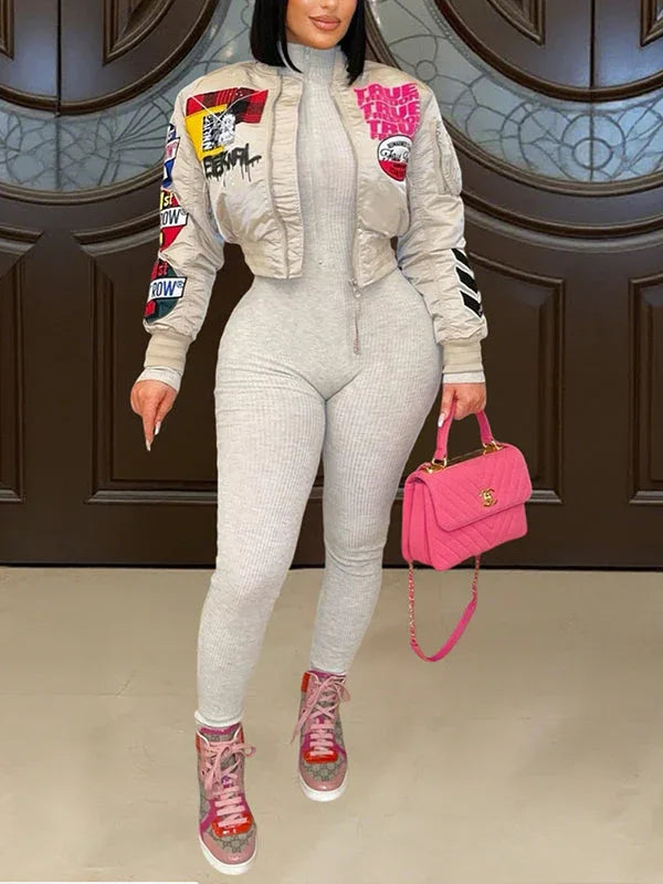 Women's Printed Zip-Front Casual Bomber Jacket