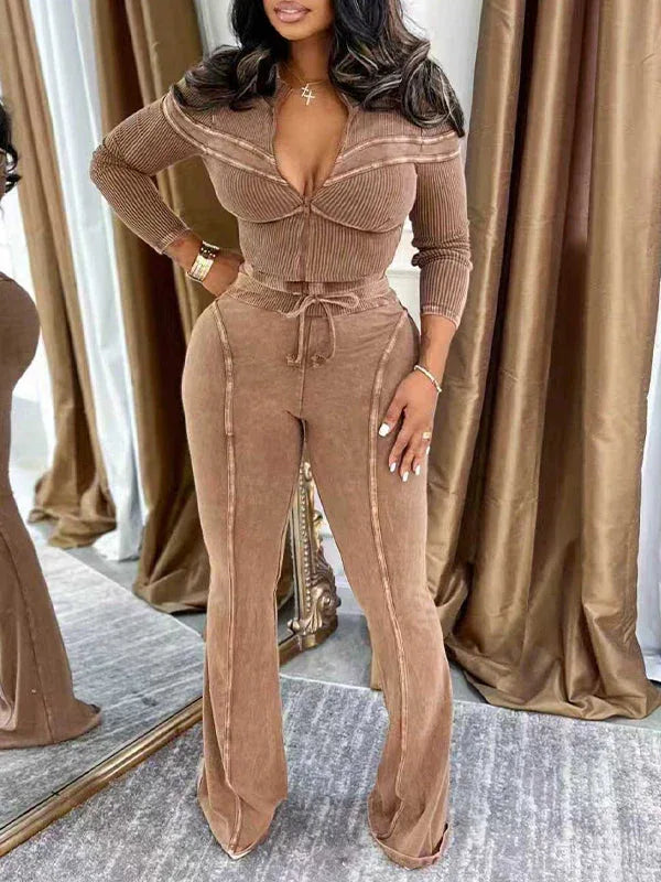 Women's Washed Zip-Front Crop Top & Relaxed Pants Set