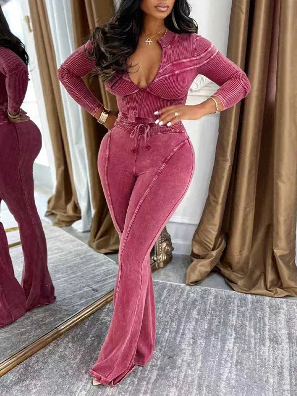 Women's Washed Zip-Front Crop Top & Relaxed Pants Set