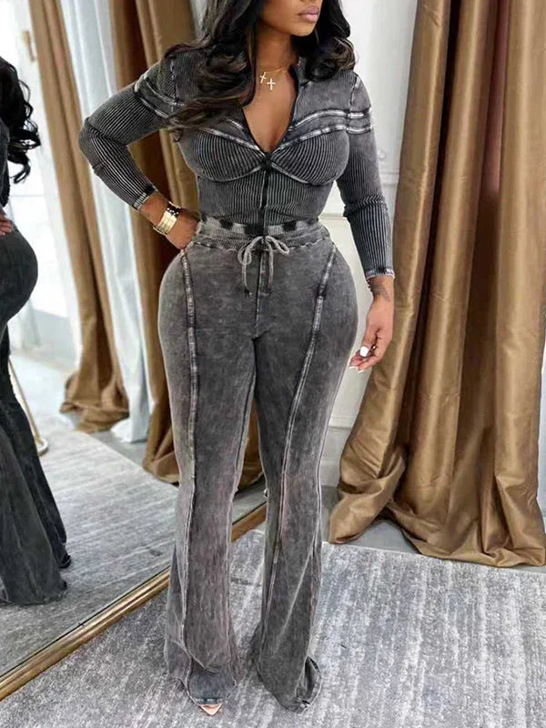 Women's Washed Zip-Front Crop Top & Relaxed Pants Set
