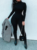 Women's Solid Turtleneck Long-Sleeve Stretch Skinny Jumpsuit
