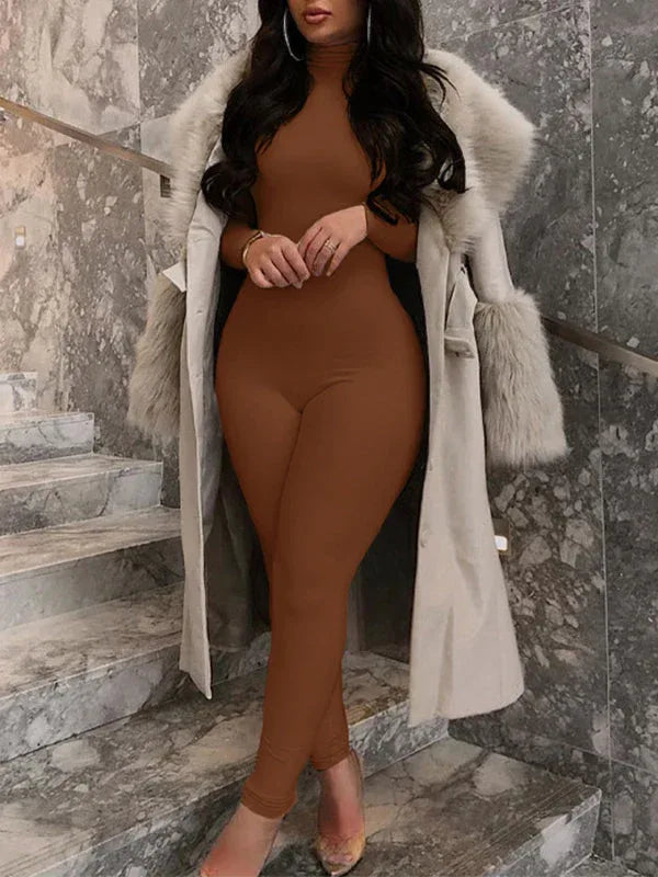 Women's Solid Turtleneck Long-Sleeve Stretch Skinny Jumpsuit