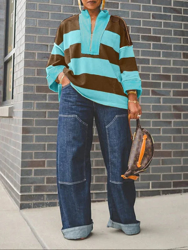Women's Colorblock Zip-Front Casual Crop Top