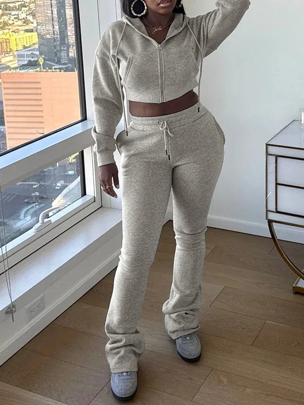 Women's Solid Zip-Front Hoodie & Straight-Leg Pants Set