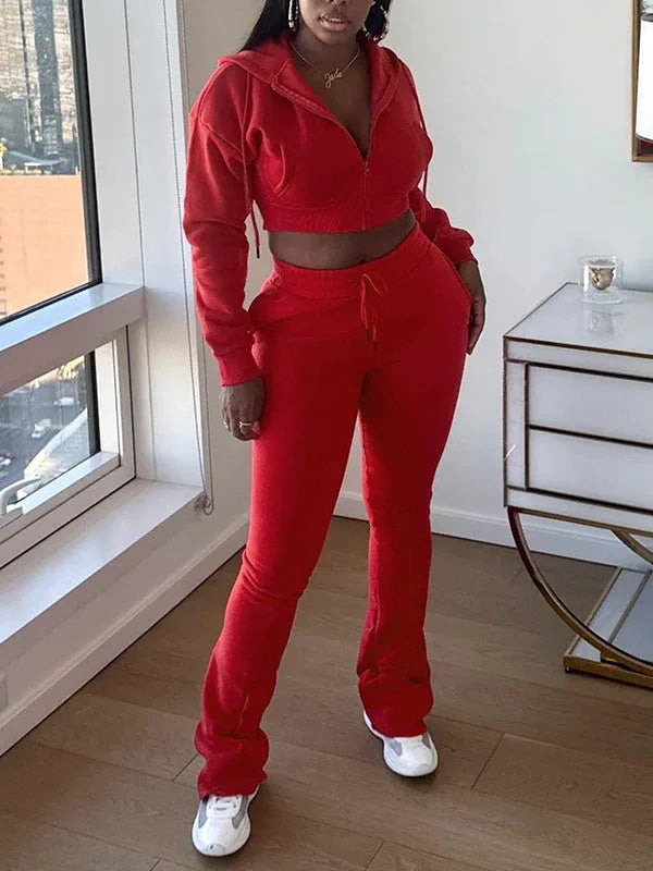 Women's Solid Zip-Front Hoodie & Straight-Leg Pants Set