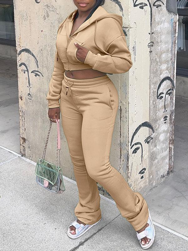 Women's Solid Zip-Front Hoodie & Straight-Leg Pants Set