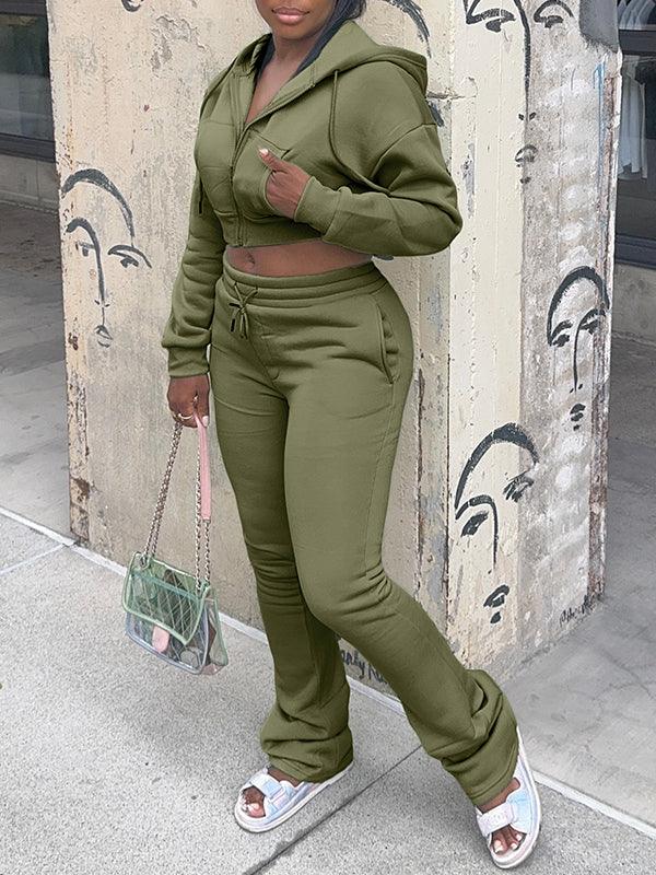 Women's Solid Zip-Front Hoodie & Straight-Leg Pants Set