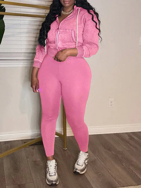 Women's Washed Zip-Front Hoodie & High-Waist Skinny Pants Set