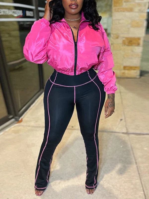 Women's Zip-Front Casual Jacket & High-Waist Skinny Pants Set