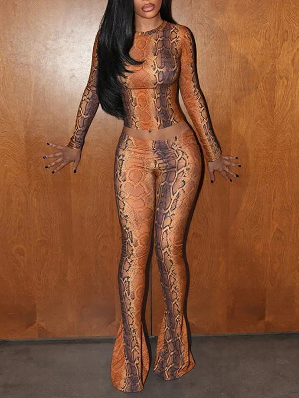 Women's Snake-Print Crop Top & High-Waist Wide-Leg Pants Set
