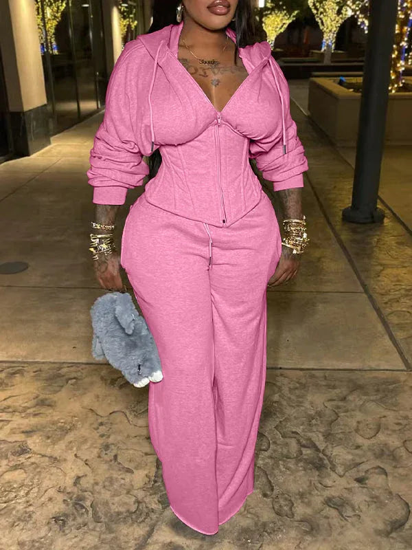 Women's Solid Lace-Up Zip Hoodie & Wide-Leg Pants Set