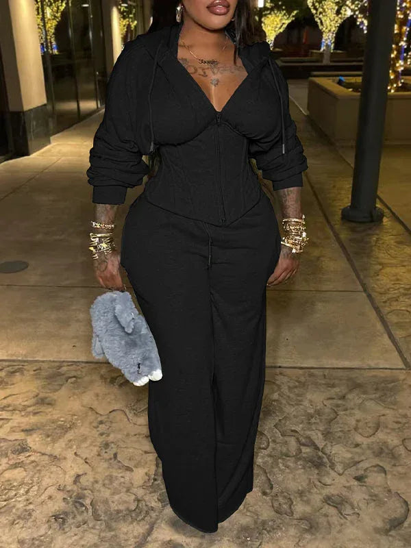 Women's Solid Lace-Up Zip Hoodie & Wide-Leg Pants Set
