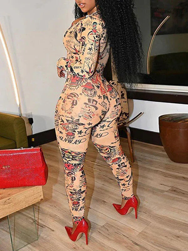 Women's Printed Zip-Front Sleeveless Stretch Skinny Jumpsuit