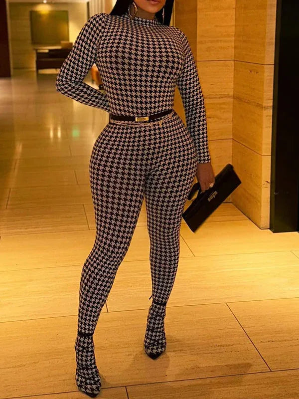 Women's Houndstooth Print Crop Top & High-Waist Pants Set