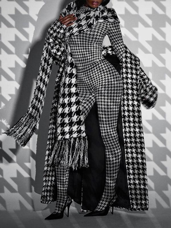 Women's Houndstooth Print Crop Top & High-Waist Pants Set