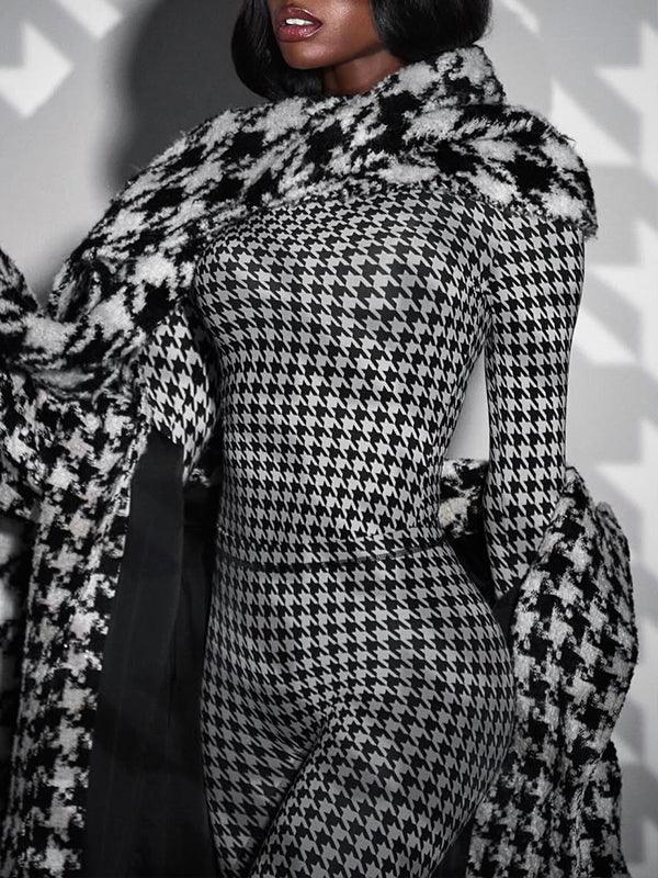 Women's Houndstooth Print Crop Top & High-Waist Pants Set